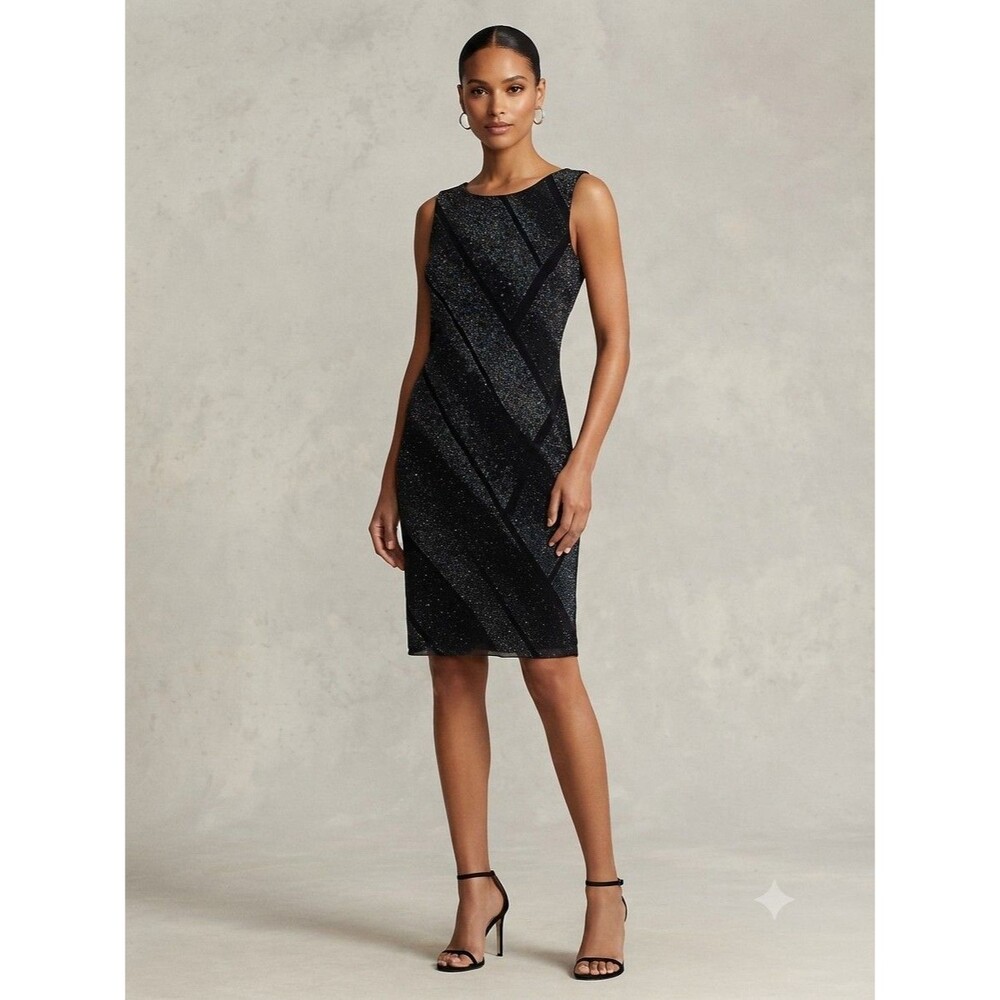 NWT Olivia Matthews Black Shimmer Diagonal Stripe Cocktail Dress